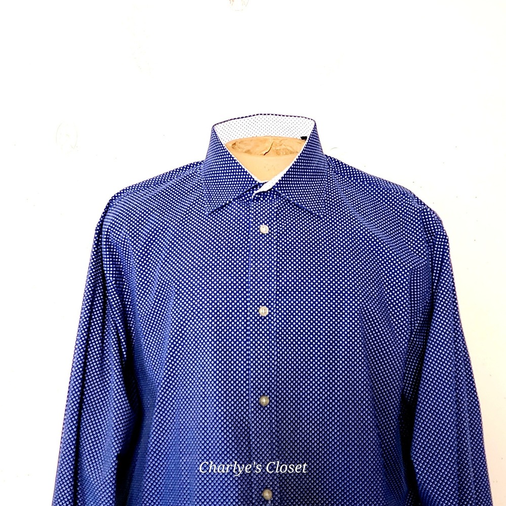 Sean John Blue Polka Dot Dress Shirt Mens 17.5 36/37 Long Tailored Fit